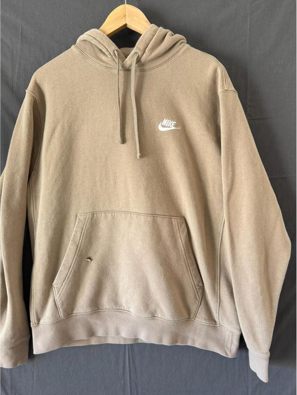 Nike Men’s Hoodie L Beige Tan Pullover Sweatshirt Kangaroo Pocket Distressed